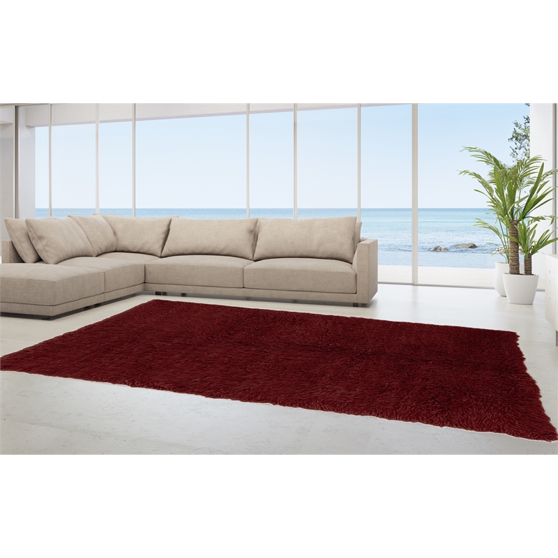 Riverbay Furniture Transitional Flokati Hand Woven Wool 9'x12' Rug in Red
