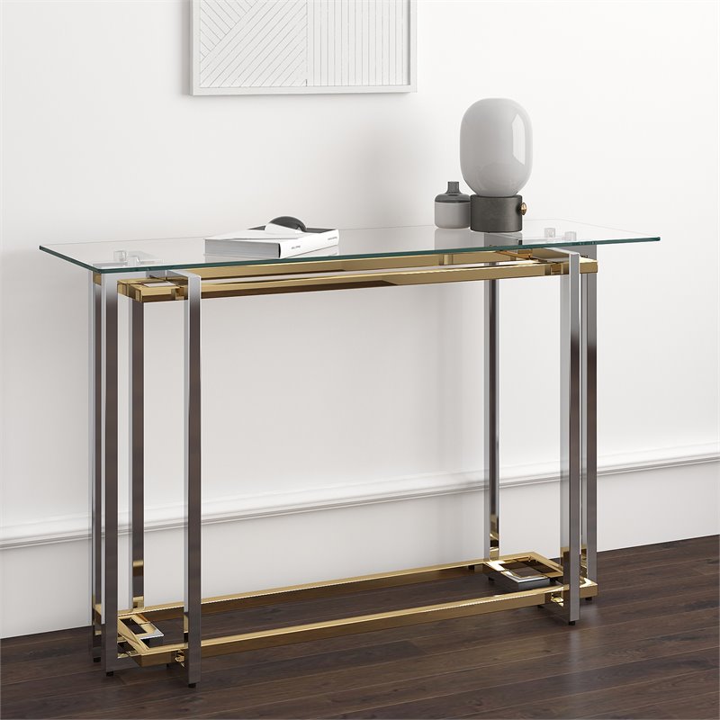 Contemporary Metal and Glass Console Table Silver and Gold
