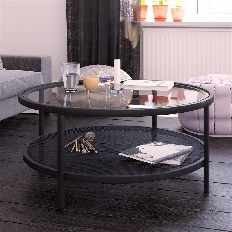 Henn&Hart Metal Regtangular Mesh Shelf Black and Glass Coffee Table