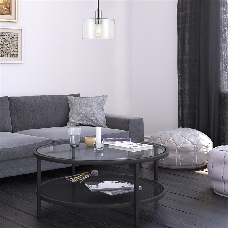 Henn&Hart Metal Regtangular Mesh Shelf Black and Glass Coffee Table