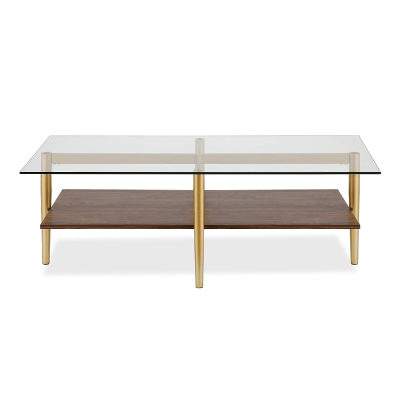Henn&Hart Mid-Century Brass Metal Rectangle Coffee Table and Walnut Wood Shelf