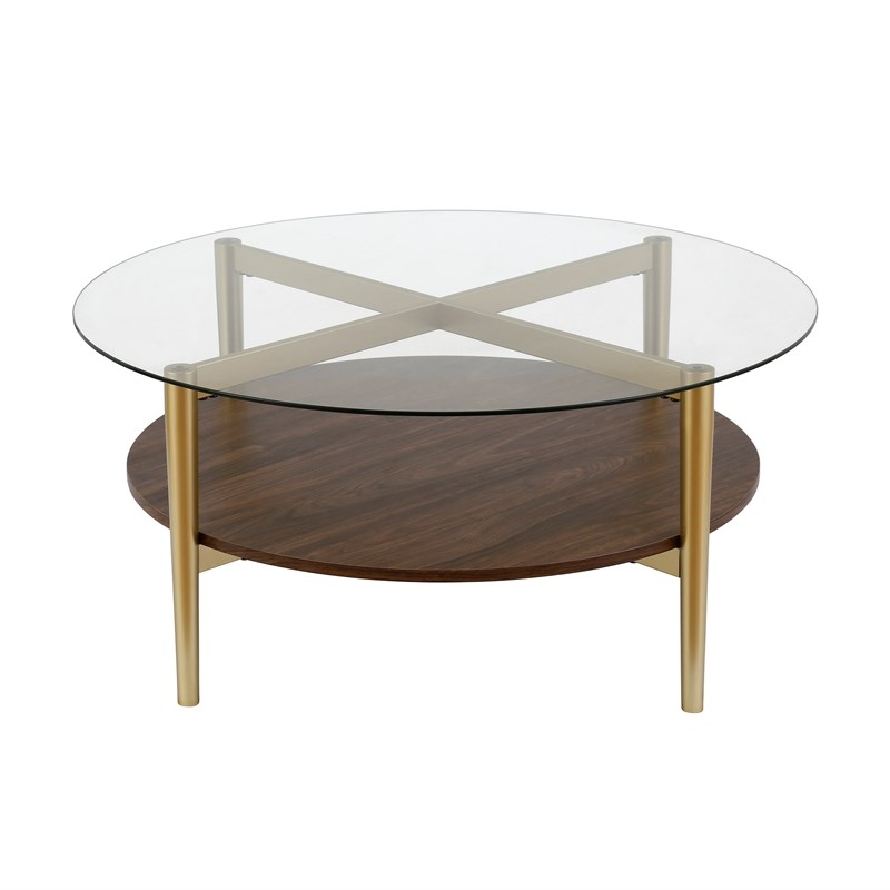Henn&Hart Mid-Century Brass Metal Round Coffee Table with Walnut Wood Shelf