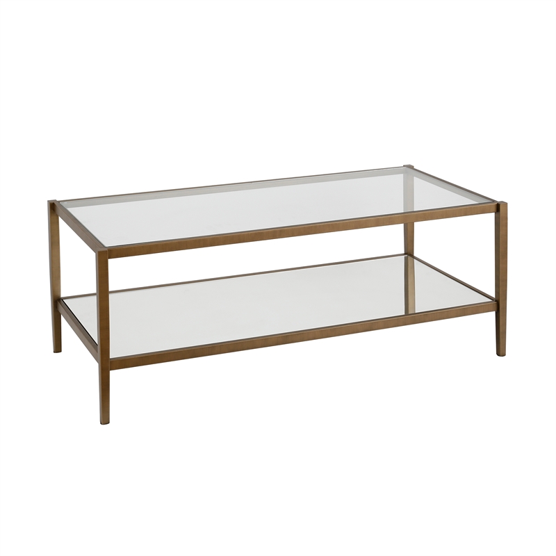 Henn&Hart Modern Rectangle Coffee Table in Brass and Gold with Mirrored Shelf