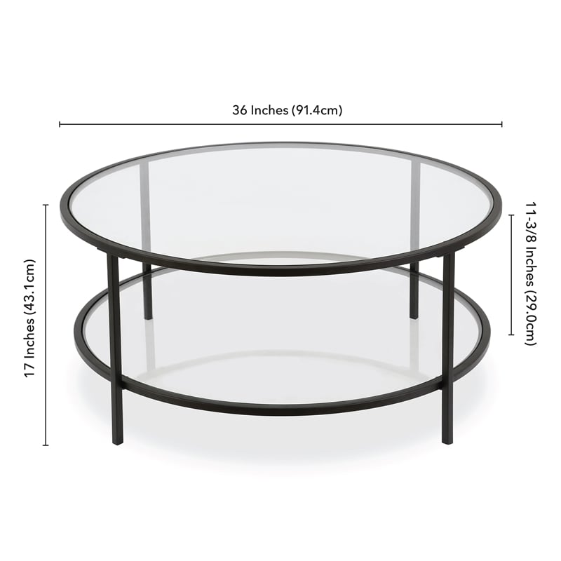 Henn&Hart Two Shelf Round Metal Base Coffee Table in Black with Glass Top