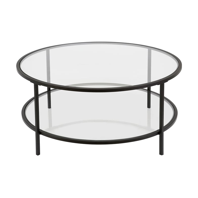 Henn&Hart Two Shelf Round Metal Base Coffee Table in Black with Glass Top