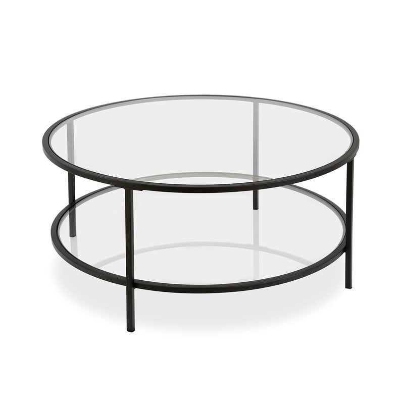 Henn&Hart Two Shelf Round Metal Base Coffee Table in Black with Glass Top