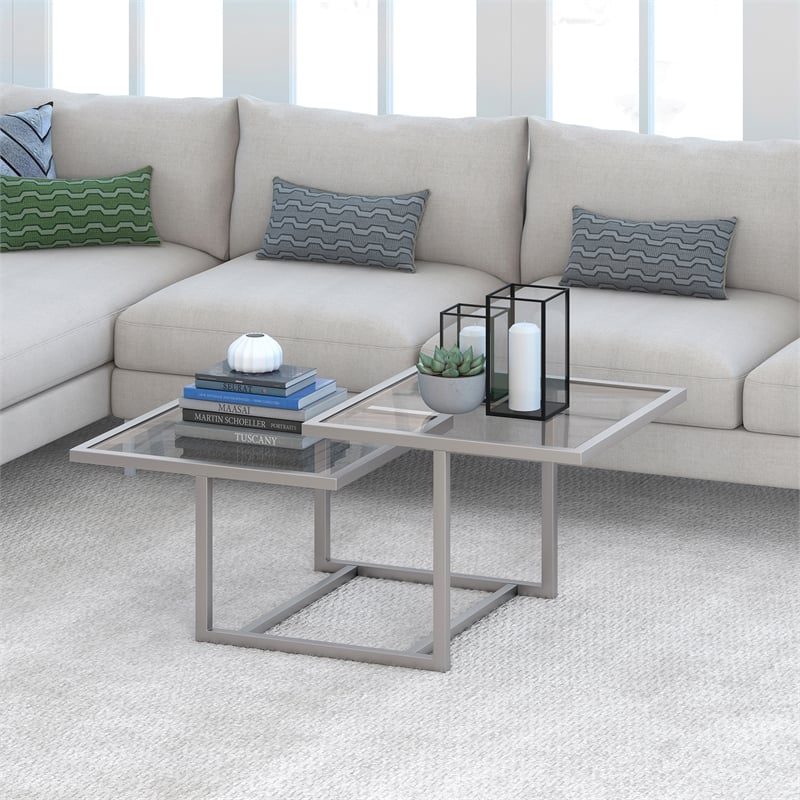 Henn&Hart Metal Two Tier Satin Nickel/Gray Glass Top  Coffee Table
