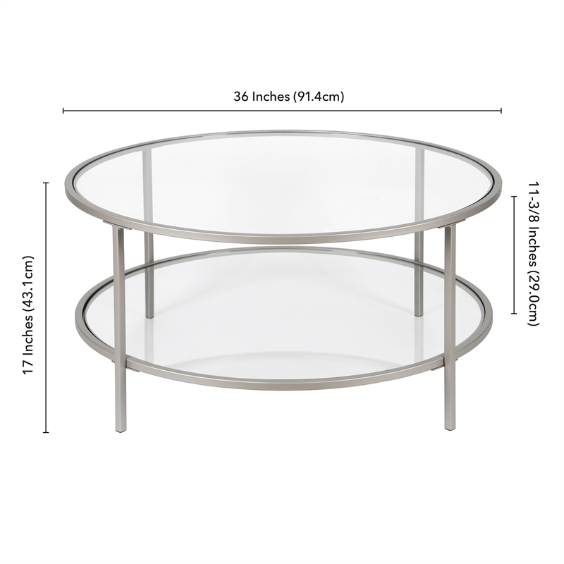 Henn&Hart Two Shelf Round Metal Nickel Coffee Table with Glass Top