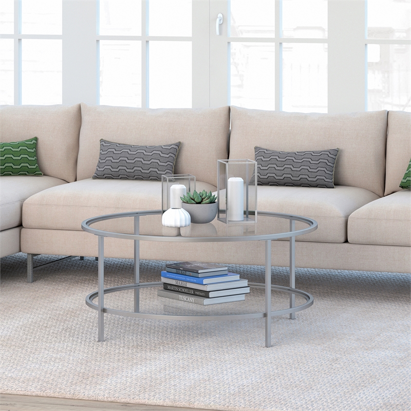 Henn&Hart Two Shelf Round Metal Nickel Coffee Table with Glass Top