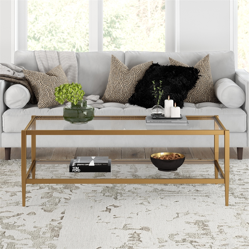 Henn&Hart Mid Century Metal Frame Coffee Table in Antique Brass w/Glass Top