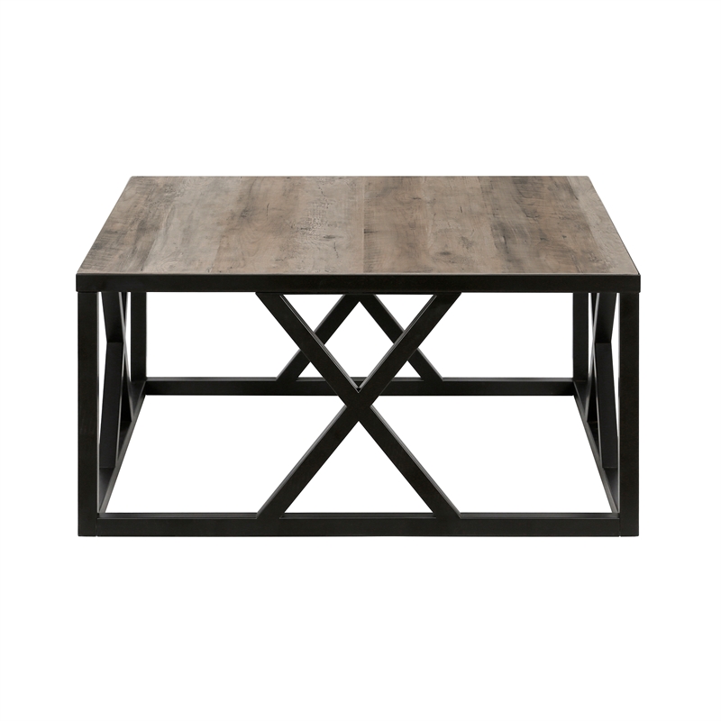 Henn&Hart Traditional Square Geometric Metal Coffee Table with Gray Oak Wood Top