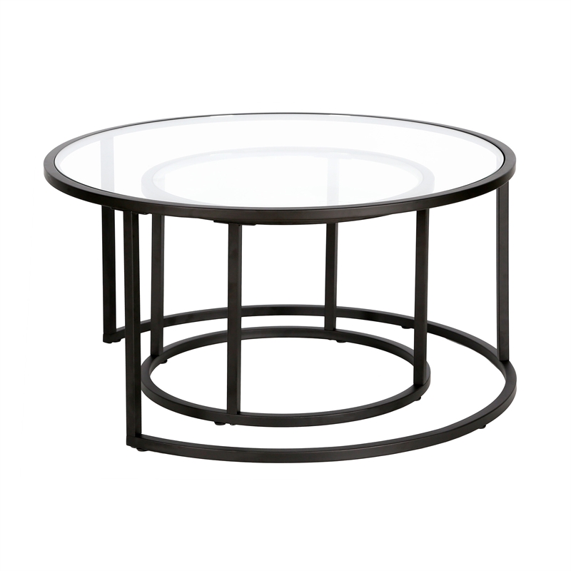Henn&Hart Metal Double Nested Round Coffee Table in Black with Glass Top