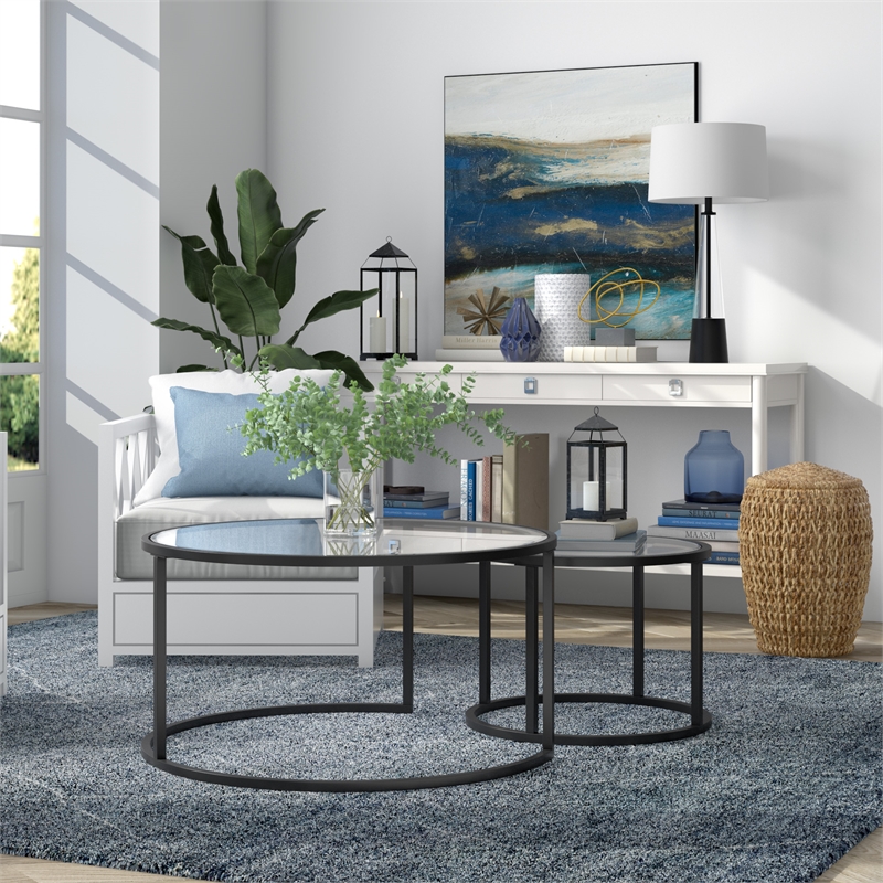 Henn&Hart Metal Double Nested Round Coffee Table in Black with Glass Top