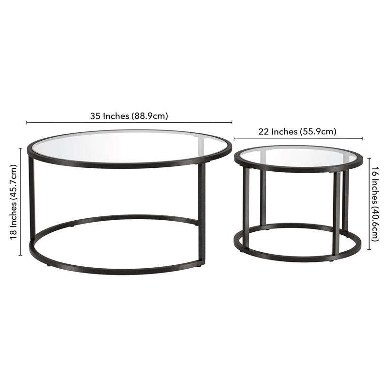 Henn&Hart Metal Double Nested Round Coffee Table in Black with Glass Top