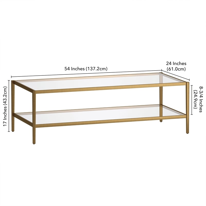 Henn&Hart 54 in. Antique Brass Finish Coffee Table with Clear Glass Shelf