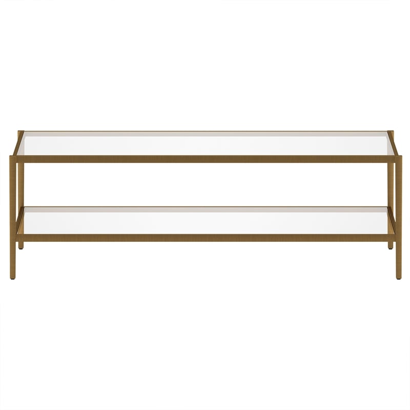 Henn&Hart 54 in. Antique Brass Finish Coffee Table with Clear Glass Shelf