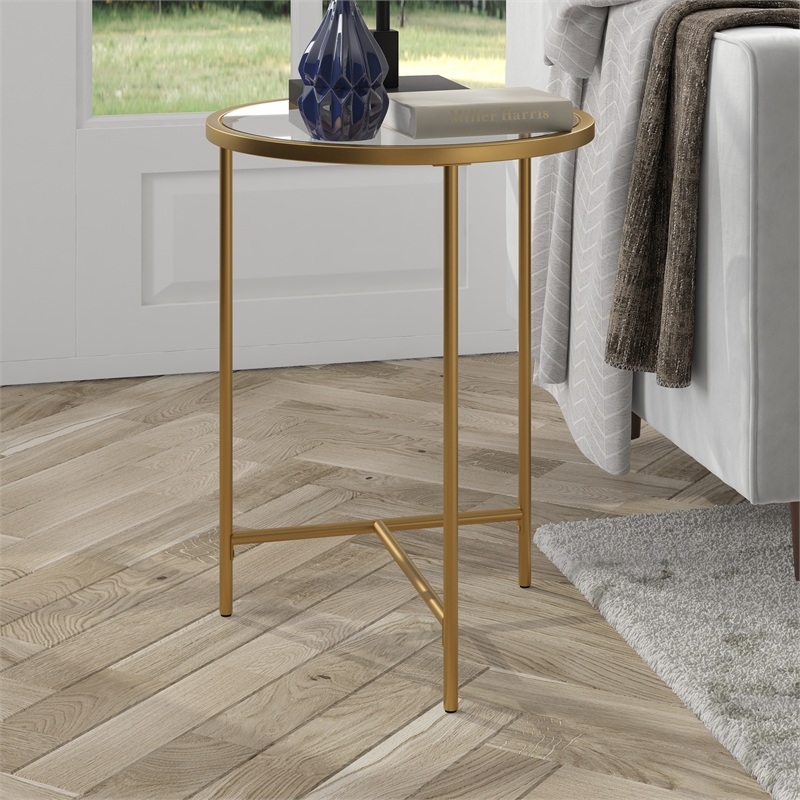 Henn&Hart Modern Metal & Tempered Glass Side Table with T-Shaped Base in Gold