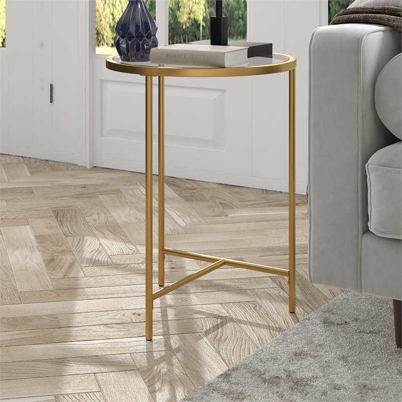 Henn&Hart Modern Metal & Tempered Glass Side Table with T-Shaped Base in Gold