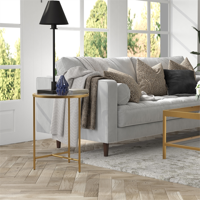 Henn&Hart Modern Metal & Tempered Glass Side Table with T-Shaped Base in Gold