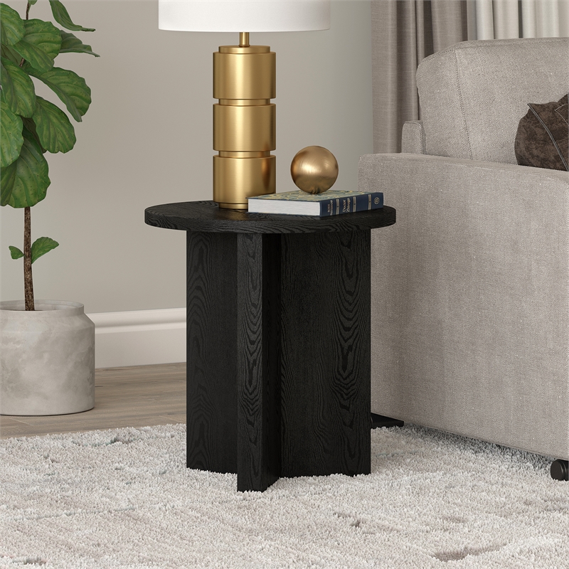 Henn&Hart Modern Engineered Wood Side Table with Round Top in Black Grain