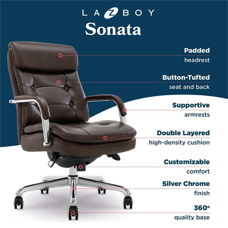 La-Z-Boy Sonata Executive MidBack Office Chair Bonded Leather Brown and Chrome