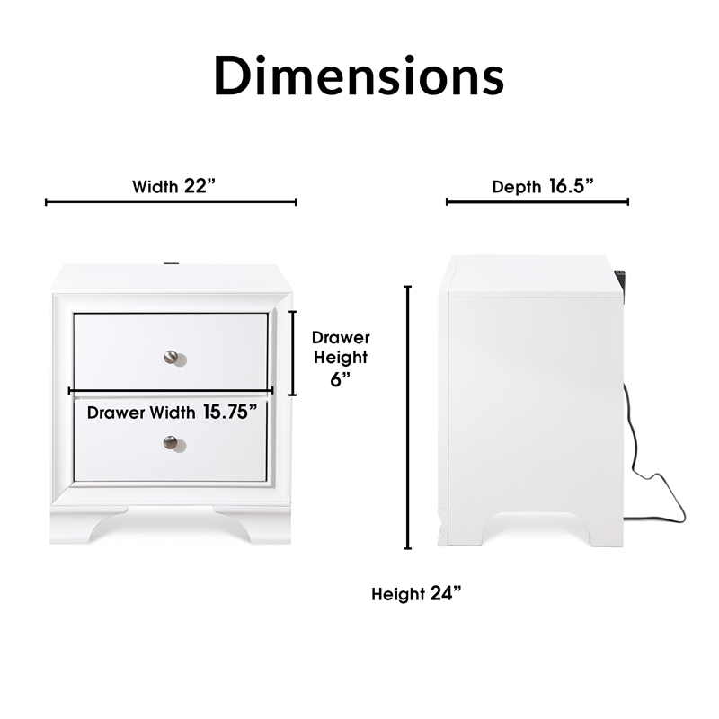 ClickDecor Edmond 2 Drawer Nightstand with USB White