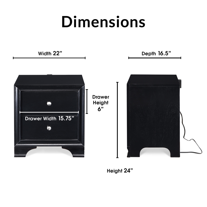 ClickDecor Edmond 2 Drawer Nightstand with USB Black