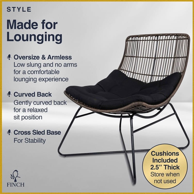 Finch Errol Woven Rattan 3pc Lounge Chair & Coffee Table Patio Set Black