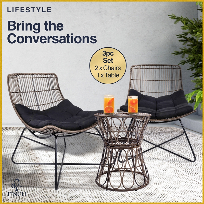 Finch Errol Woven Rattan 3pc Lounge Chair & Coffee Table Patio Set Black