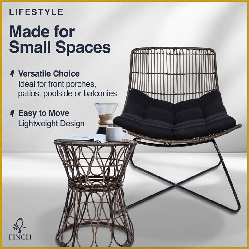Finch Errol Woven Rattan 3pc Lounge Chair & Coffee Table Patio Set Black