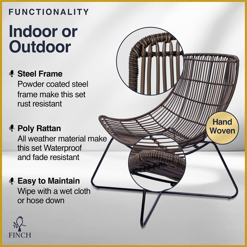 Finch Errol Woven Rattan 3pc Lounge Chair & Coffee Table Patio Set Black
