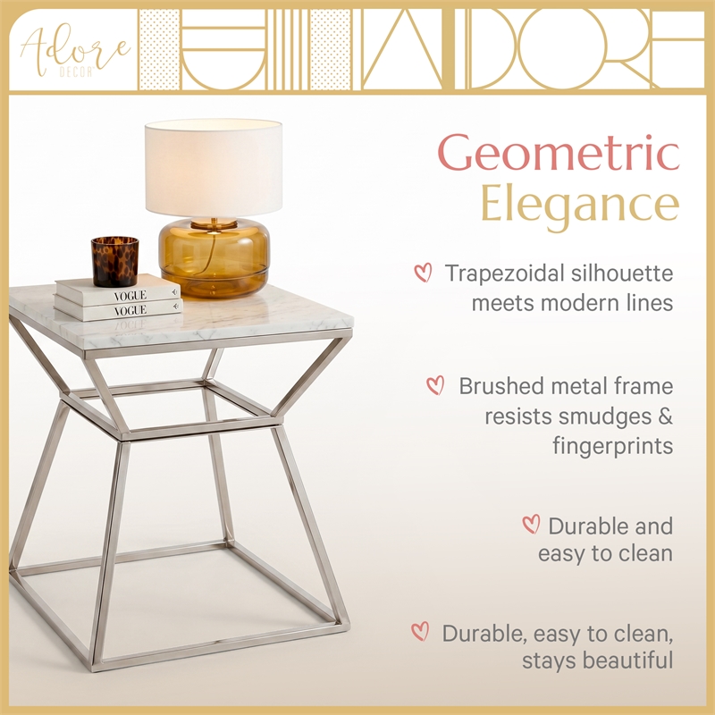 Adore Decor Audrey Tall Silver Marble Side Table