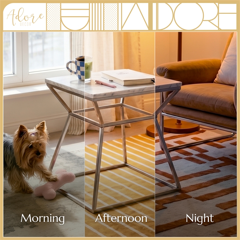 Adore Decor Audrey Tall Silver Marble Side Table