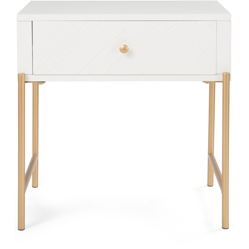 Adore Decor Jupiter Wood 1-Drawer Geometric Textured End Table in White/Gold