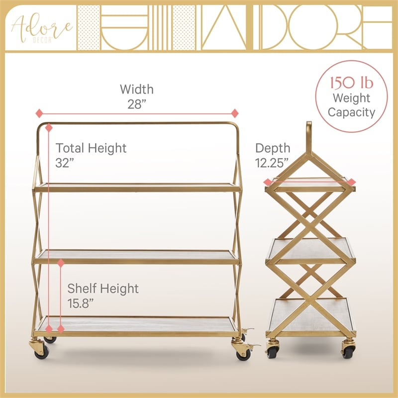 Adore Decor Hudson Wooden Kitchen Bar Cart Gold