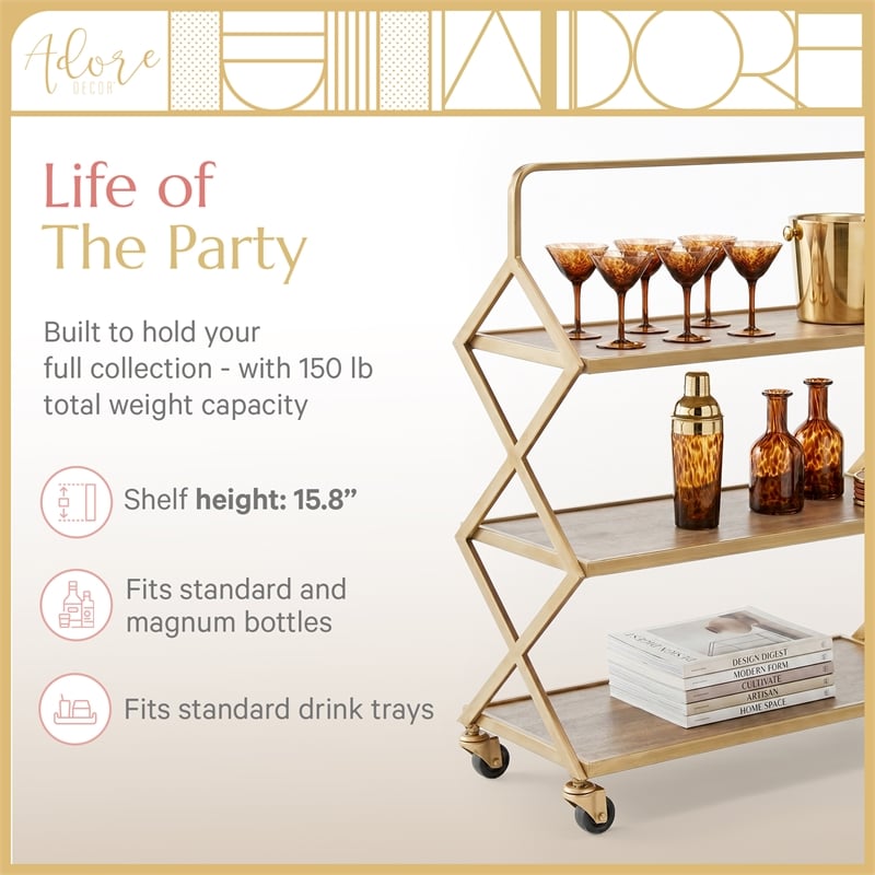 Adore Decor Hudson Wooden Kitchen Bar Cart Gold