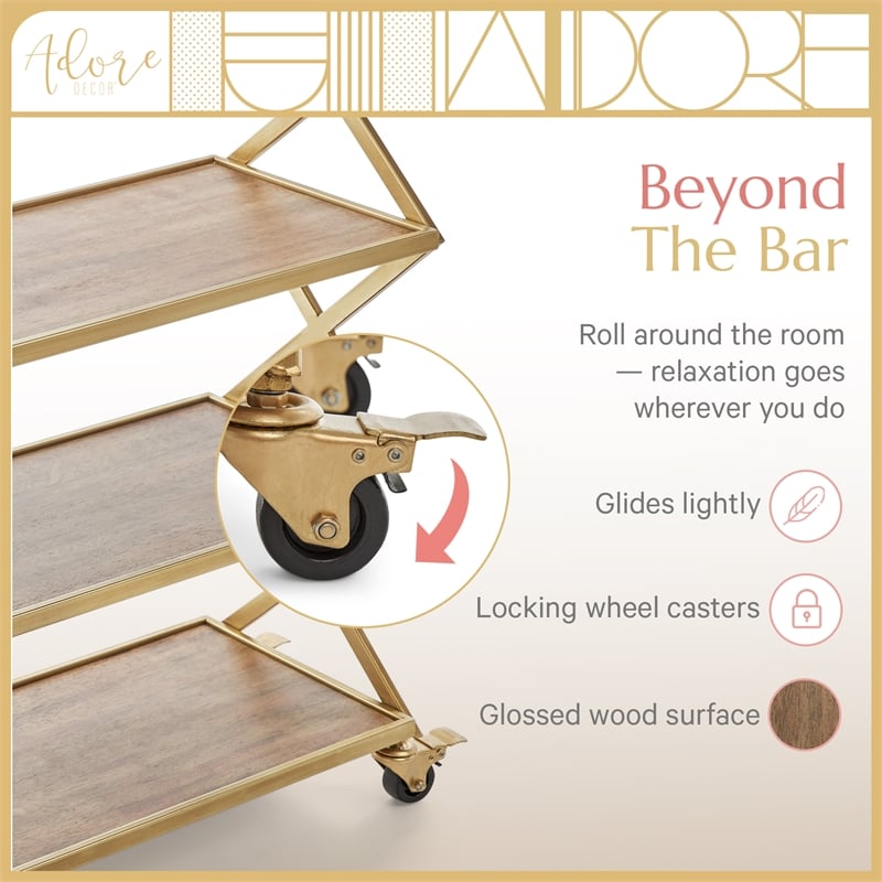 Adore Decor Hudson Wooden Kitchen Bar Cart Gold