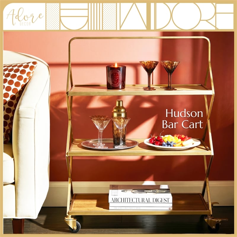 Adore Decor Hudson Wooden Kitchen Bar Cart Gold