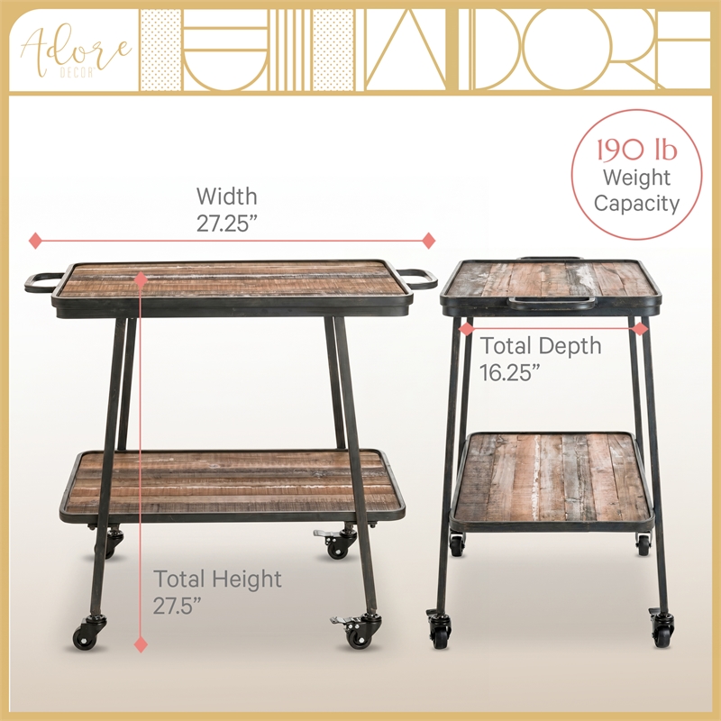 Adore Decor Felix 2 Tier Kitchen Bar Cart Rustic Wood and Metal Black Color