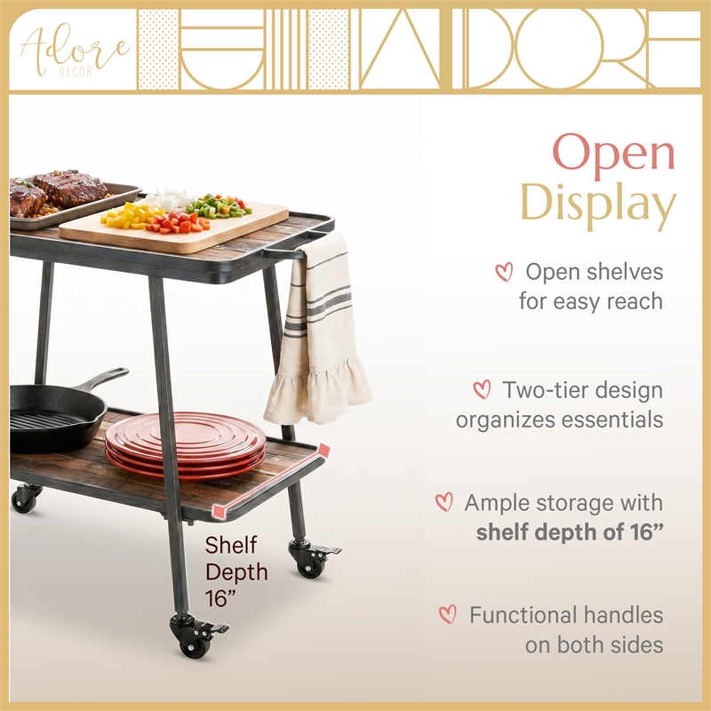 Adore Decor Felix 2 Tier Kitchen Bar Cart Rustic Wood and Metal Black Color