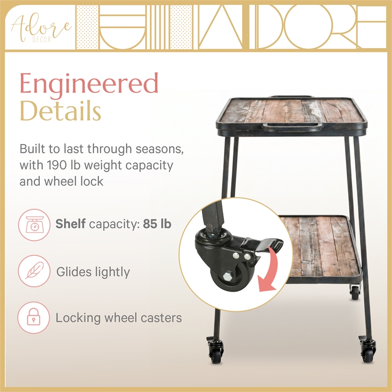 Adore Decor Felix 2 Tier Kitchen Bar Cart Rustic Wood and Metal Black Color