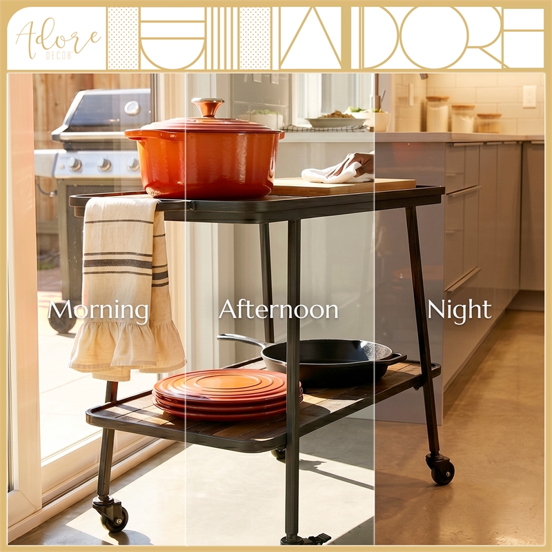 Adore Decor Felix 2 Tier Kitchen Bar Cart Rustic Wood and Metal Black Color