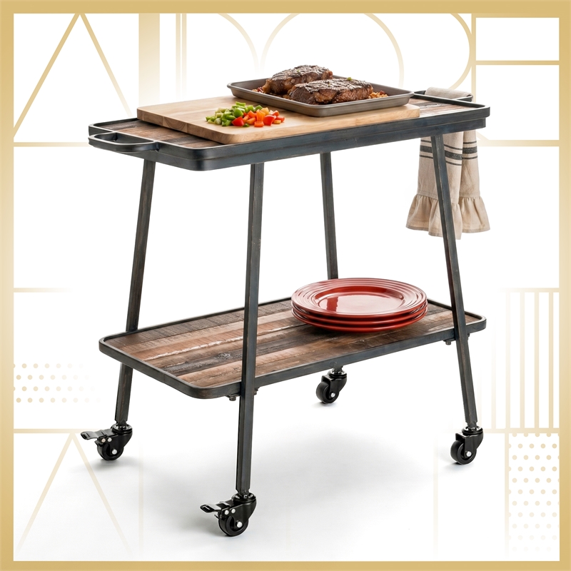 Adore Decor Felix 2 Tier Kitchen Bar Cart Rustic Wood and Metal Black Color