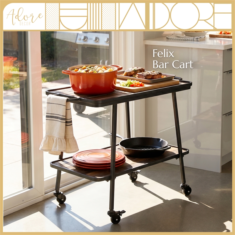 Adore Decor Felix 2 Tier Kitchen Bar Cart Rustic Wood and Metal Black Color