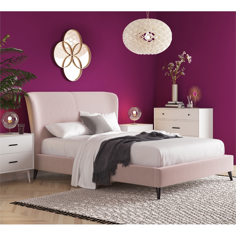 Adore Decor Adele Wingback Upholstered Platform Bed Queen Size Blush Pink