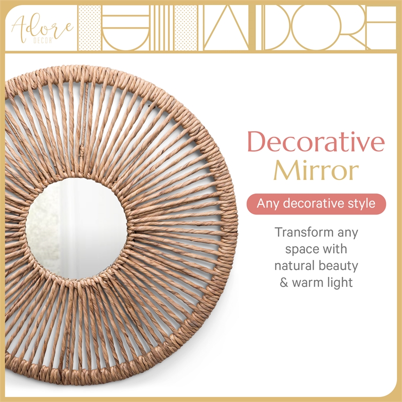 Adore Decor Carrie Round Rattan Style Water Hyacinth Hanging Mirror