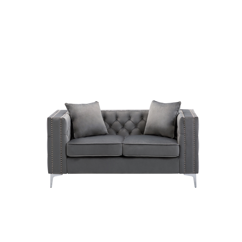 LILOLA Lorreto Gray Button Tufted Velvet Fabric Glam Loveseat