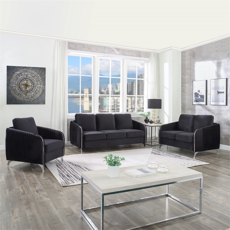 Hathaway Black Velvet Elegant Modern Chic Loveseat Couch