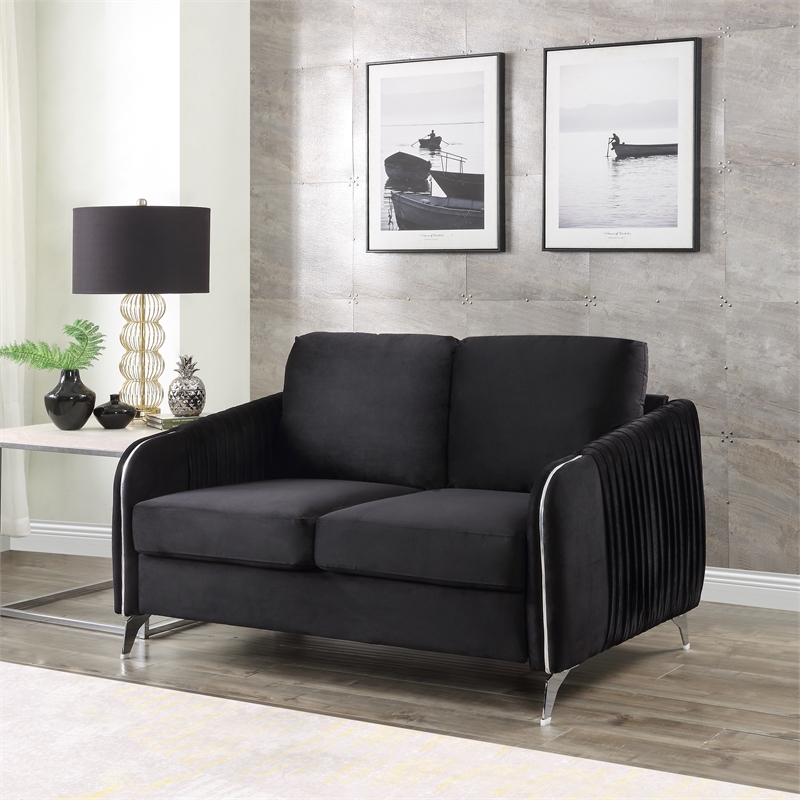 Hathaway Black Velvet Elegant Modern Chic Loveseat Couch
