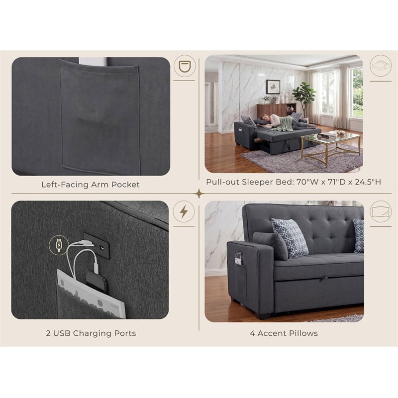 Cody Gray Fabric  Sleeper with 2 USB Charging Ports and 4 Accent Pillows